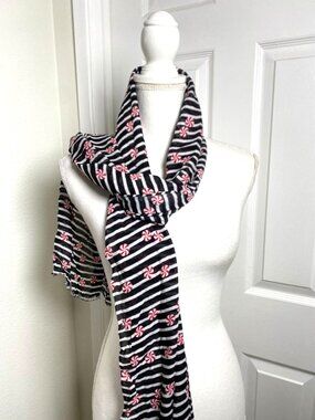 Talbots Outlet Holiday Scarf Peppermint Candy Black White Stripes Fringe  B8